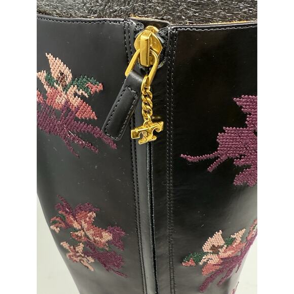 Tory Burch square toe 20MM Knee boot embroidered black leather 7.5 - Picture 4 of 12